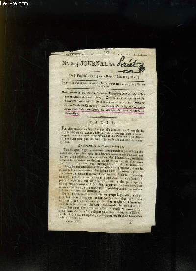 Journal de Perlet N204 : Proclamation du directoire aux Franais sur la dernire conspiration de l'anarchie - Lettre de Bonaparte et de Salicetti, annonant la conqute de la Lombardie - Texte de la Loi sur le remboursement des assignats.