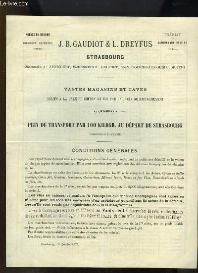 Prix de Transport par 100 kilogrammes au dpart de Strasbourg. Suivi du Tarif de Rexpdition pour les Vins de Champagnes et autres par Voie de fer et le Danube