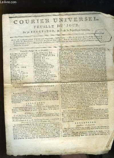 Courier Universel, Feuille du Jour du 30 Fructidor ?e anne de la Rpublique Franaise : Lettre du Comte d'Artois aux Magistrats d'Edimbourg - Portrait du gnral Suwaroff - Message du directoire, sur l'arrestation des imprimeurs d'une proclamation royale