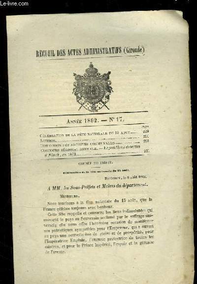 Recueil des Actes Administratifs (Gironde) N17 : Clbration de la Fte Nationale du 15 aot.