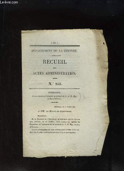 Recueil des Actes Administratifs N853 : Service Funbre  l'occasion de la mort de S.A.R. Mgr le Duc d'Orlans.