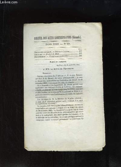 Recueil des Actes Administratifs N39 - 1852 : Police des Cabarets, Dbitants Forains.