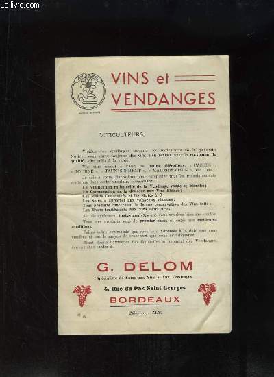 Brochure G. Delom, Vins et Vendanges