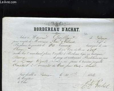 Bordereau d'Achat de 30 tonneaux de Vin Rouge de cru récolté en 1845
