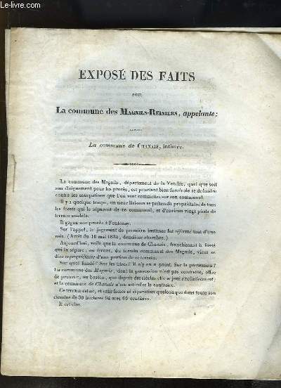 Expos des Faits pour La Commune des Magnils-Reiniers, appelante : La Commune de Chanais, intime.