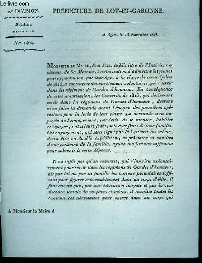 1 lettre imprimée (N°1464), d'autorisation d'admission des jeunes gens à la classe de conscription de 1815.