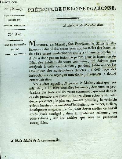 1 lettre imprimée N°516. Etat des Patentables de 1813