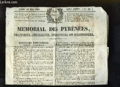 Mmorial des Pyrnes, politique, judiciaire, industriel et d'annonces. N37 - XVIe anne, du lundi 10 mai 1830. Expdition d'Alger ...