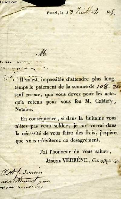 Lettre de relance de paiement, pour les actes retenus par M. Coldefy Notaire.