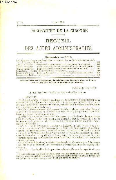 Recueil des Actes Administratifs N19 : Etablissements dangereux, insalubres ou incommodes - Colportage, Timbre de rcpisss de dclaration ...