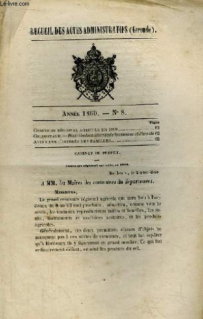 Recueil des Actes Administratifs N8 - 1860 : Colportage, distribution illicite de brochures et d'crits.