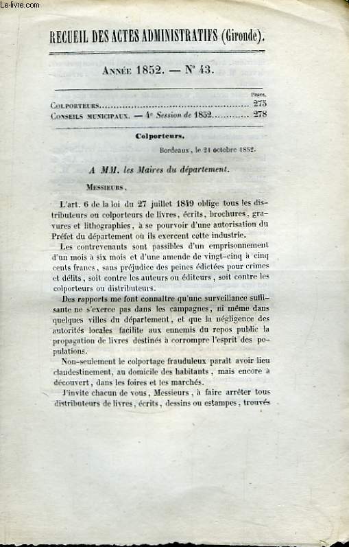 Recueil des Actes Administratifs N43 - 1852 : Colporteurs.