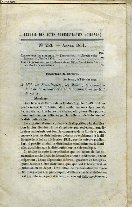 Recueil des Actes Administratifs N263 - 1851 : Colportage de Librairie ...