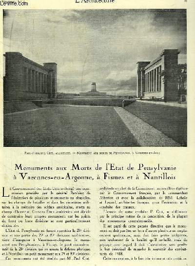 L'Architecture. N2 - Volume XLIII : Monuments aux Morts de l'Etat en Pensylvanie  Varennes-en-Argonne,  Fismes et  Nantillois - Luigi Vanvitelli (1700 - 1773) - Fondation Mathilde-Henri de Rothschild - La Bourgogne et son Architecture, par Hautecoeur