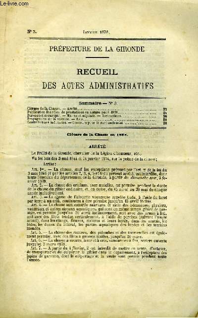 Recueil des Actes Administratifs N3 : Chasse - Propagation de la vaccine ...