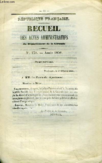 Recueil des Actes Administratifs N170 - Anne 1850 : Pche Fluviale