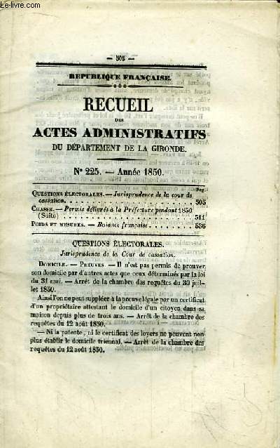 Recueil des Actes Administratifs N225 - Anne 1850 : Permis dlivrs  la Prfecture pendant 1850 (suite) - Poids et Mesures : Balance Franaise.