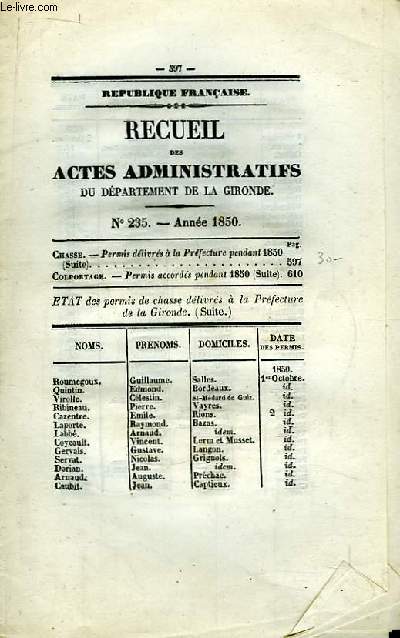 Recueil des Actes Administratifs N235 - Anne 1850 : Chasse et Colportage, permis dlivrs et accords, pendant 1850.