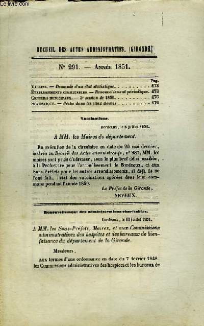 Recueil des Actes Administratifs N291 - Anne 1851 : Pche dans les eaux douces.