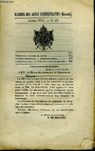 Recueil des Actes Administratifs de Gironde - N23 - Anne 1854 : Vente de la poudre de chasse ...
