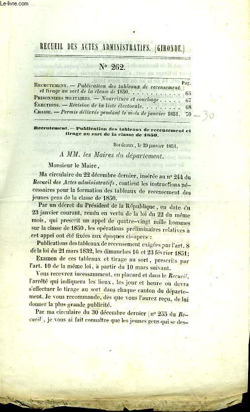 Recueil des Actes Administratifs N262 - Anne 1851 : Nourriture et Couchage ...