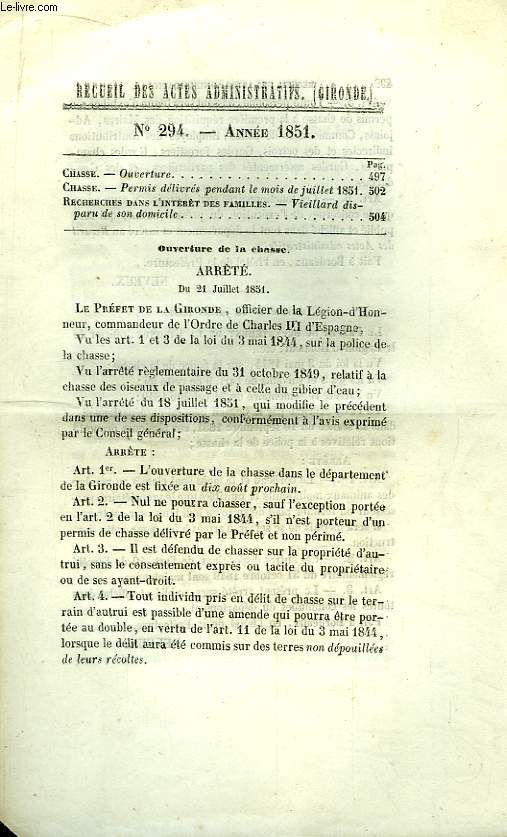 Recueil des Actes Administratifs N294 - Anne 1851.