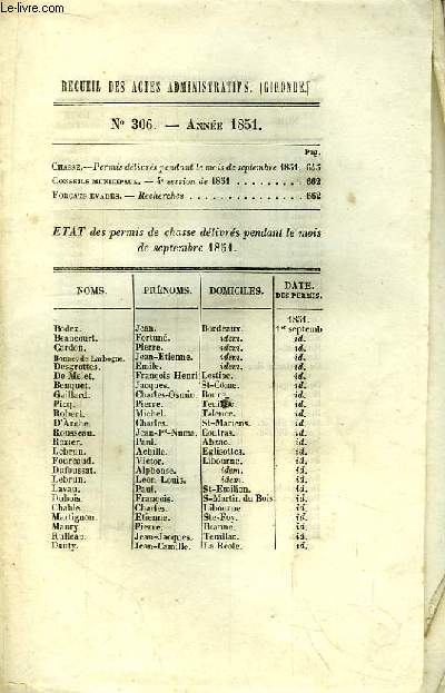 Recueil des Actes Administratifs N306 - Anne 1851.