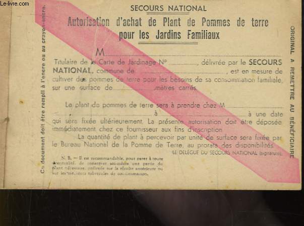 Carnet d'Autorisations d'Achat de Plant de Pommes de terre pour les Jardins Familiaux.