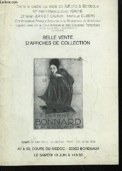 Catalogue de la Vente aux Enchres d'une belle vente d'affiches de collection, le 13 juin Cours du Mdoc  Bordeaux.