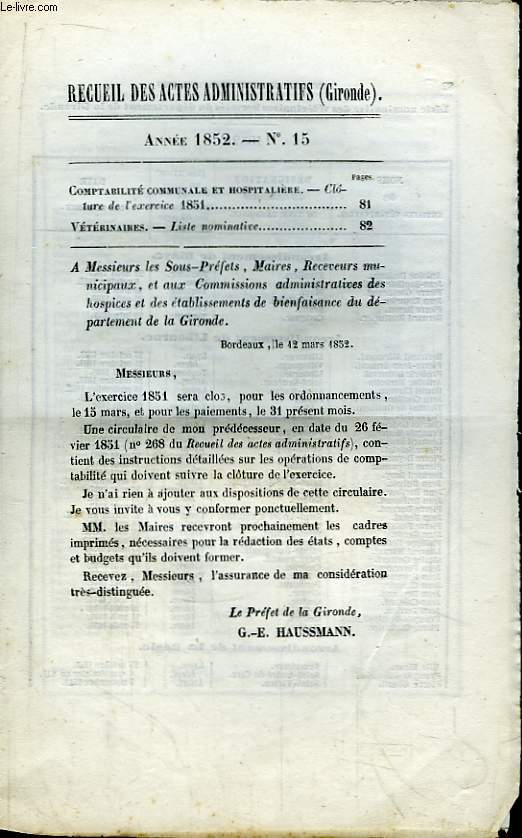 Recueil des Actes Administratifs du Département de la Gironde N°15 - Anne 1852 : Comptabilité communale et hospitalière - Vétérinaires.