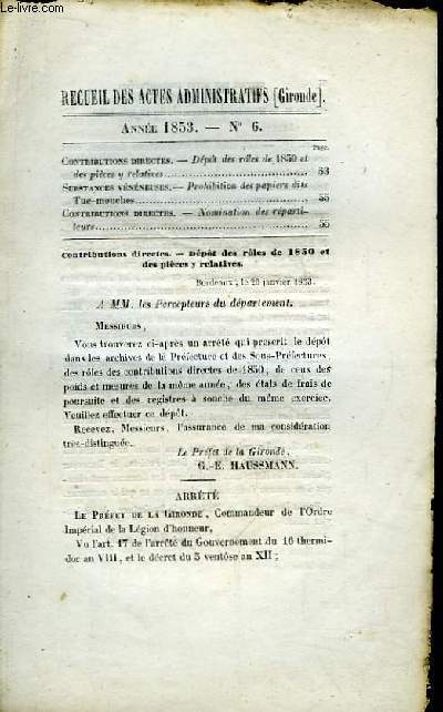 Recueil des Actes Administratifs du Dpartement de la Gironde N6 - Anne 1853 : Prohibition des papiers dits, Tue-Mouche.
