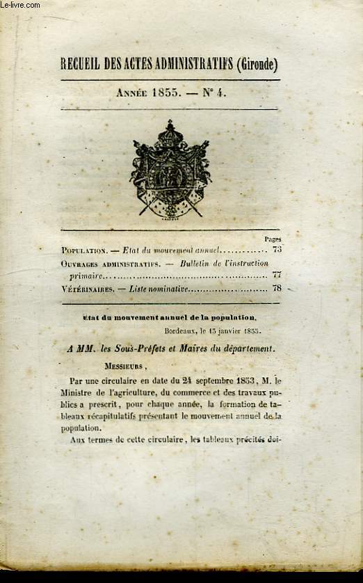 Recueil des Actes Administratifs du Dpartement de la Gironde N4 - 1855. Population, Etat du mouvement annuel.