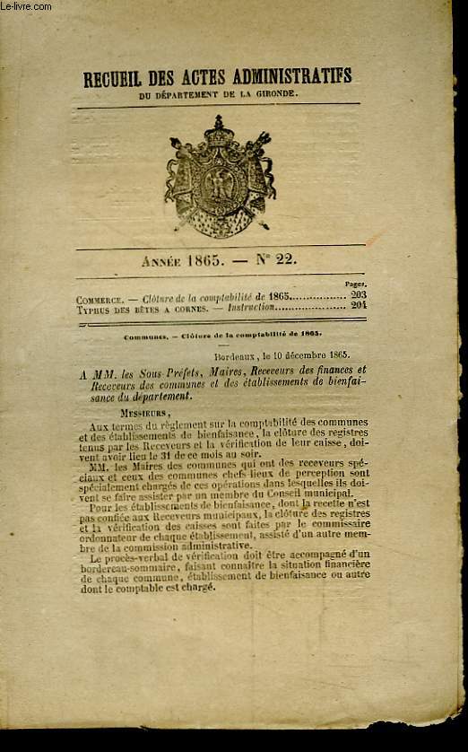 Recueil des Actes Administratifs du Dpartement de la Gironde N22 - Anne 1865 : Typhus des Btes  Cornes.