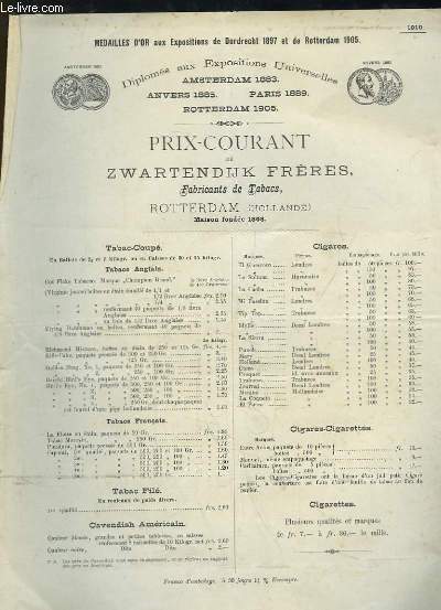 Feuille de Prix-Courant des Fabricants de Tabacs Zwartendijk Frres, Rotterdam (Hollande)