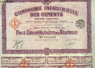 1 PART BENEFICIAIRE DE CENT FRANCS AU PORTEUR -