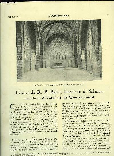 L'Architecture. N2 - Volume XLII : L'oeuvre du R.P. Bellot, bndictin de Solesmes - Histoire du Louvre, par Louis Hautecoeur - Le Parc de la Hve - 2 immeubles de M. Imandt
