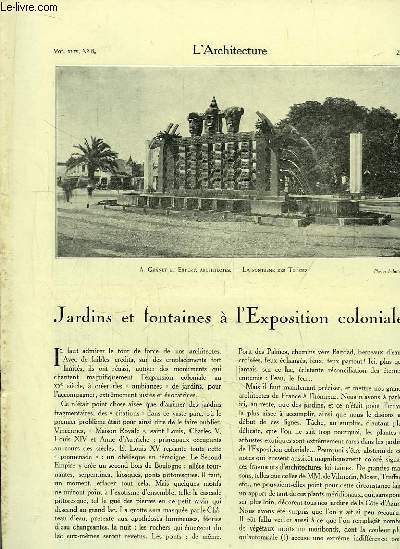 L'Architecture. N8 - Volume XLIV : Jardins et fontaines  l'Exposition coloniale - Deux immeubles d'inspiration coloniale, de MM. A. et P. Fournier - L'urbanisme aux colonies, Fort-de-France (1639 - 1931).