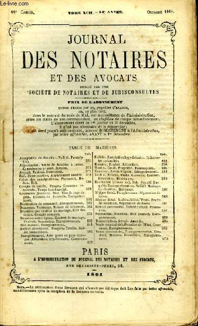 Journal des Notaires et des Avocats. Cahier N10 , TOME XCII - 54e anne.
