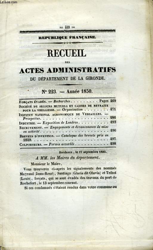 Recueil des Actes Administratifs du Dpartement de la Gironde N223 - Anne 1850 : Exposition de Londres - Institut National Agronomique de Versailles ...
