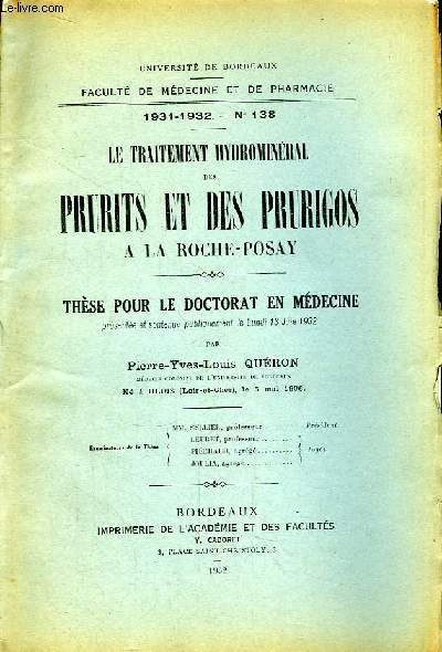 Le Traitement Hydrominral des Prurits et des Prurigos  la Roche-Posay. Thse pour le Doctorat en Mdecine N138