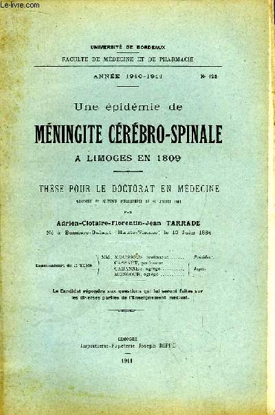 Une pidmie de Mningite Crbro-Spinale  Limoges en 1809. Thse pour le Doctorat en Mdecine N125