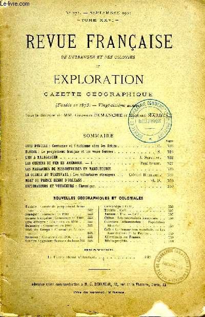 Revue Franaise de l'tranger et des colonies, et Exploration. N273 - TOME XXVI : Coutumes et ftichisme chez les Attis - L'Or  Madagascar - Les Massacres de Missionnaires en Mandchourie - Mort du Prince Henri d'Orlans ...