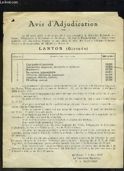 1 Affiche d'un Avis d'Adjucation, le 24 mars 1942, à la construction de l'Hôtel des Postes de Lanton (Gironde)
