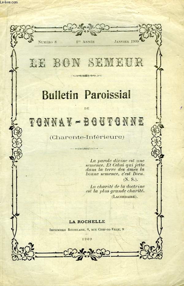 Le Bon Semeur N°8 - 1ère année. Bulletin Paroissial de Tonnay-Boutonne (Charente-Inférieure)