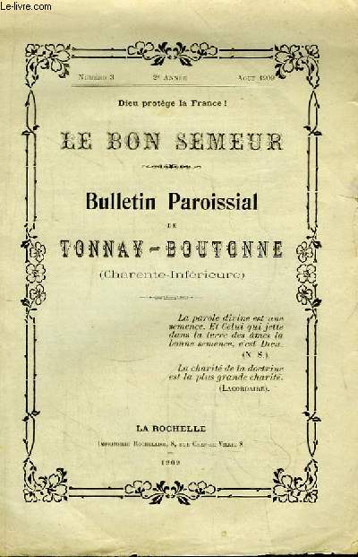 Le Bon Semeur N°3 - 2ème année. Bulletin Paroissial de Tonnay-Boutonne (Charente-Inférieure)