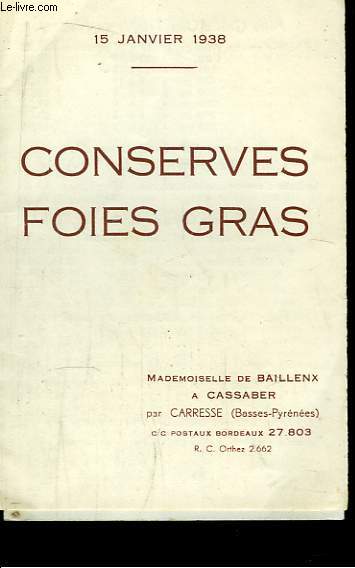 Conserves Foies Gras. Feuille de tarif du 15 janvier 1938