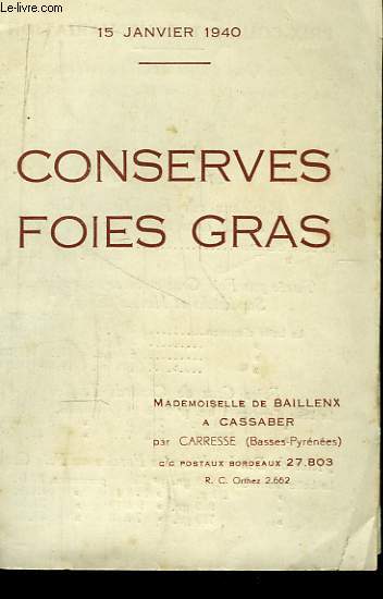 Conserves Foies Gras. Feuille de tarif du 15 janvier 1940
