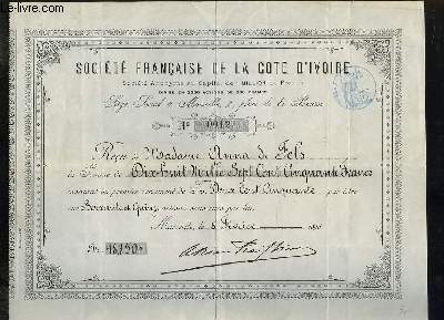 Un Reu de la Socit Franaise de la Cte d'Ivoire, de la somme de 18750 francs de la part de Madame Anna de Fels.