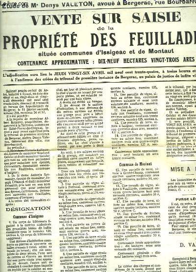 Affichette d'une Vente sur Saisie de la Propriété des Feuillades, située communes d'Issigeac et de Montaut.