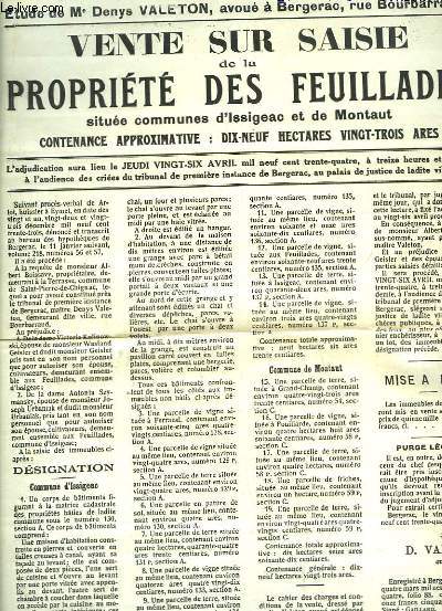 Affichette d'une Vente sur Saisie de la Proprit des Feuillades, situe communes d'Issigeac et de Montaut.